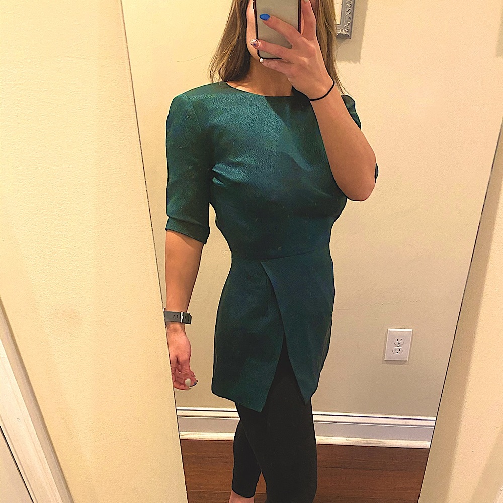 Emerald Virgin Wool & Silk Faux Wrap Peplum Tunic